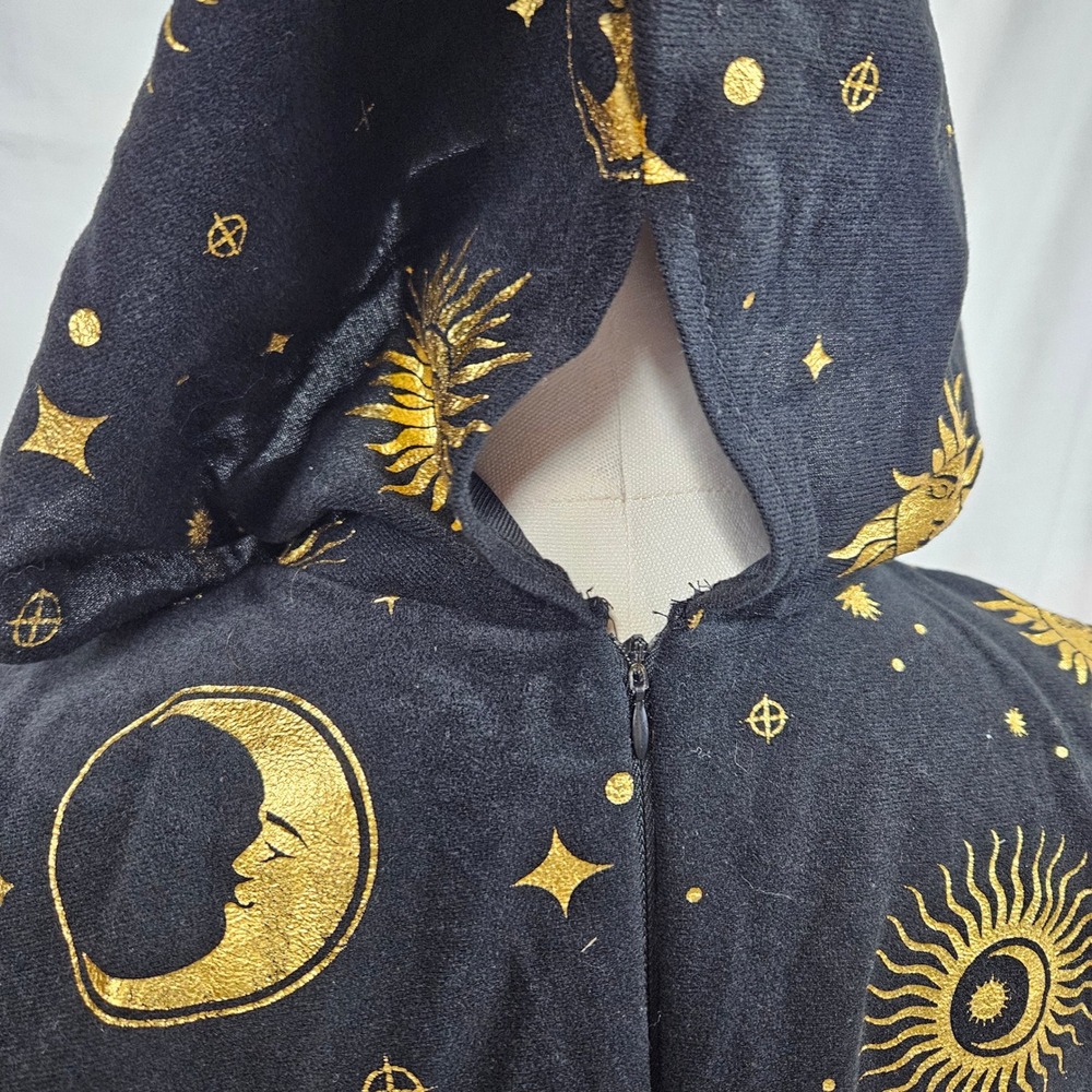 Underwraps Celestial Sun Moon Gold Metallic Hooded Mini Dress Black Sm Witchy - Picture 5 of 8